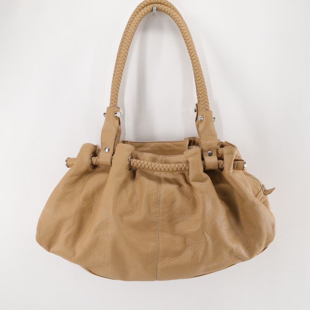 Everything Handbag Women L Tan Faux Leather Pleated Braided Rope Shoulder Bag